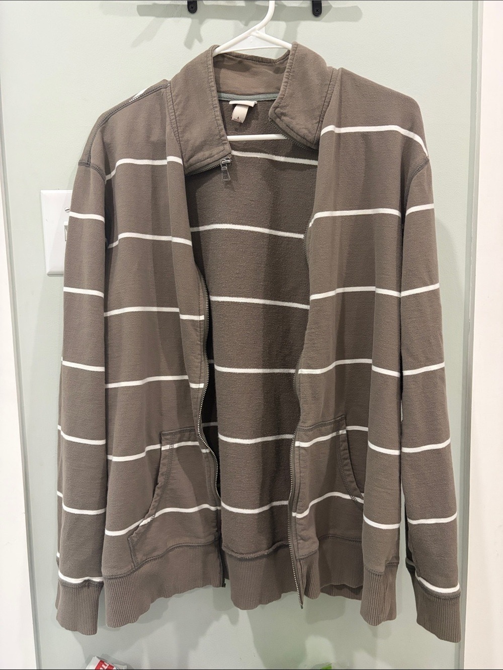 Men’s Large Taupe and White Striped Full-Zip Sweater Merona